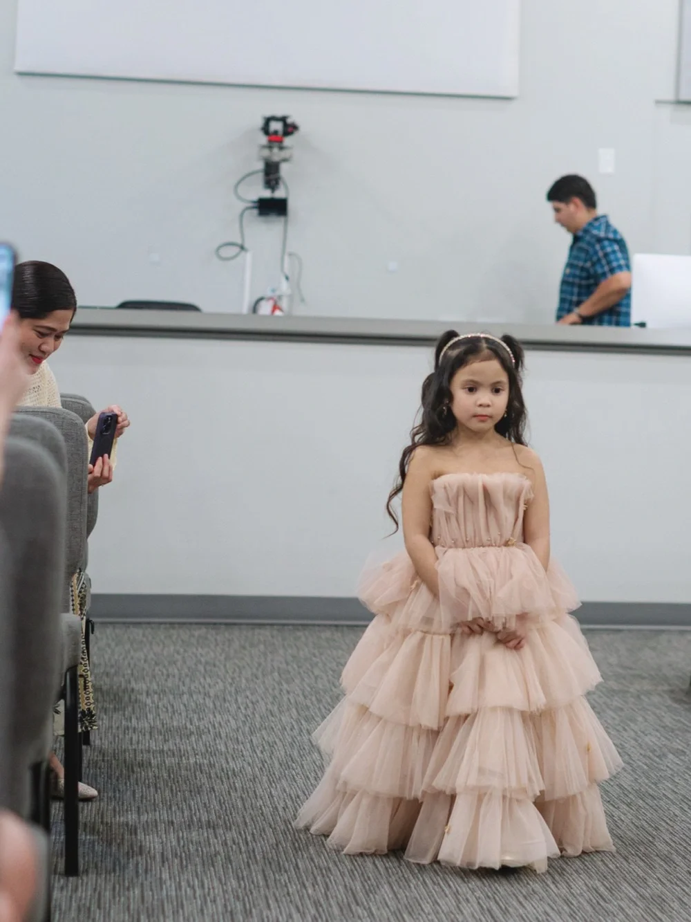 Customized Girls' Pink Tulle Layered Party Dress with Ruffled Bodice